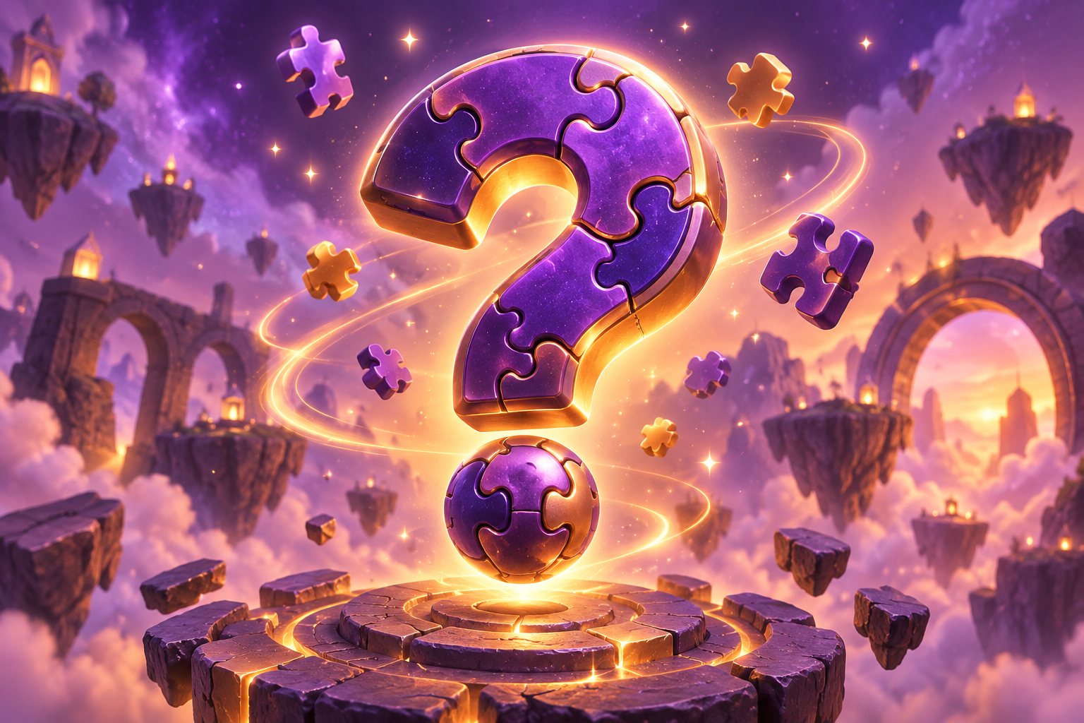 Arte conceitual de um enigma em um universo violeta para Mestre das Charadas